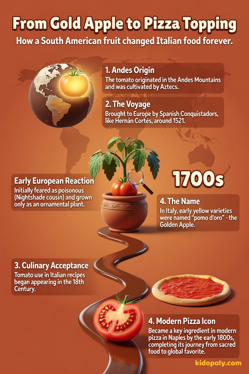 A timeline graphic showing a small, unfamiliar yellow fruit from South America moving across an ocean to Italy, where it is then shown on a flatbread next to a basil leaf.