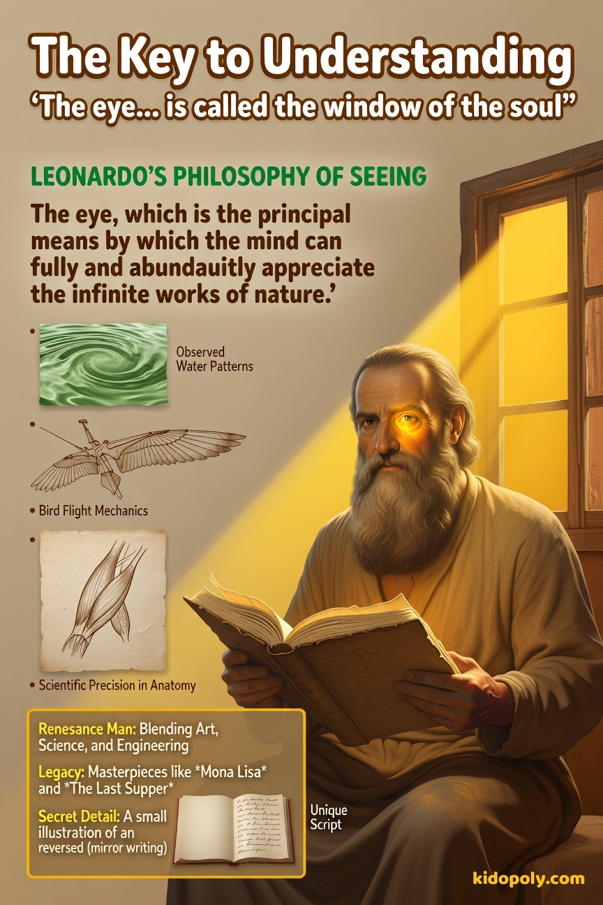 A thoughtful-looking, older Leonardo da Vinci sitting by a window, pointing one eye toward the outside world while holding a pen.