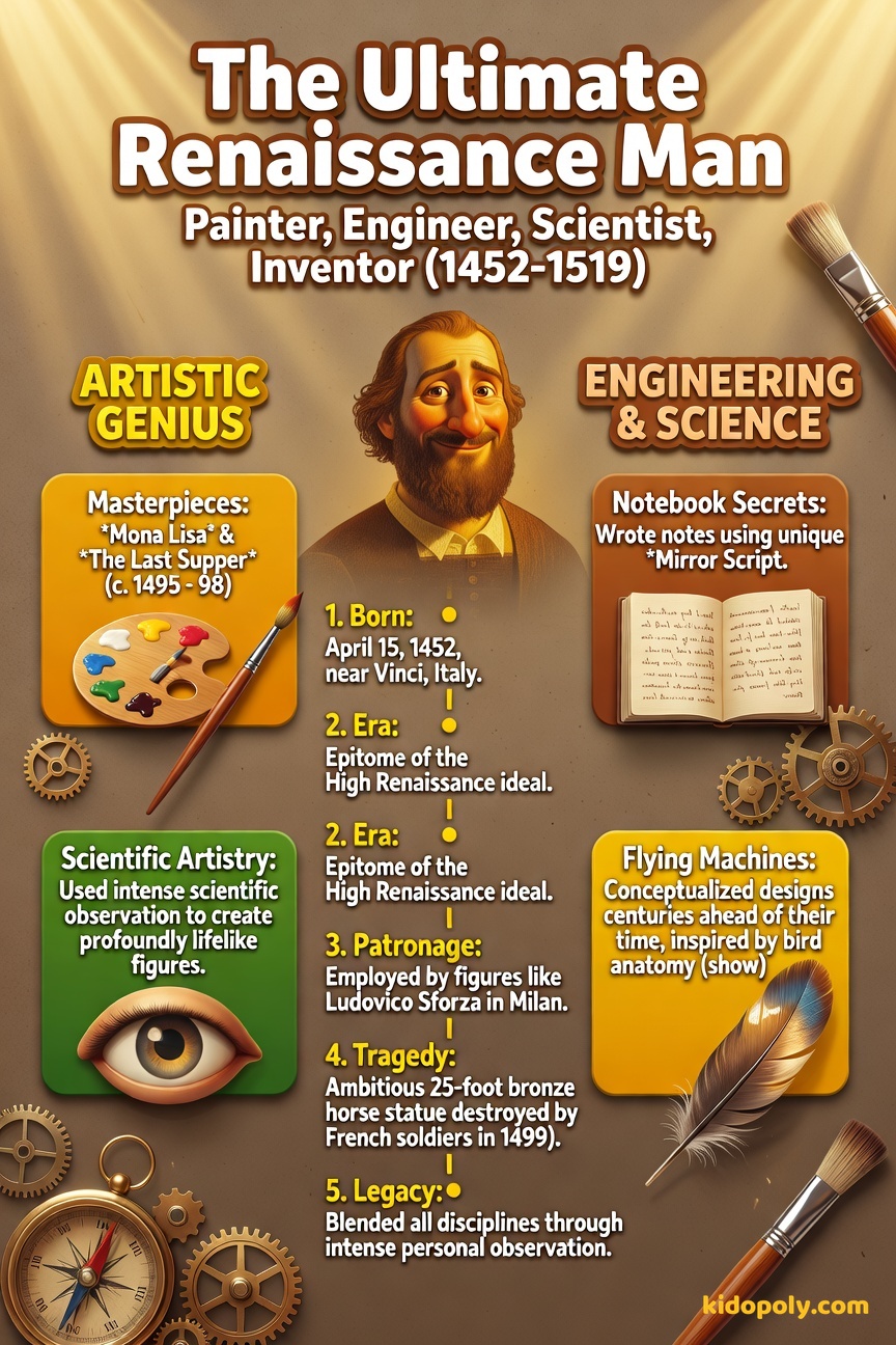 A stylized split portrait of Leonardo da Vinci, one side showing him painting and the other showing him sketching a mechanical wing design.