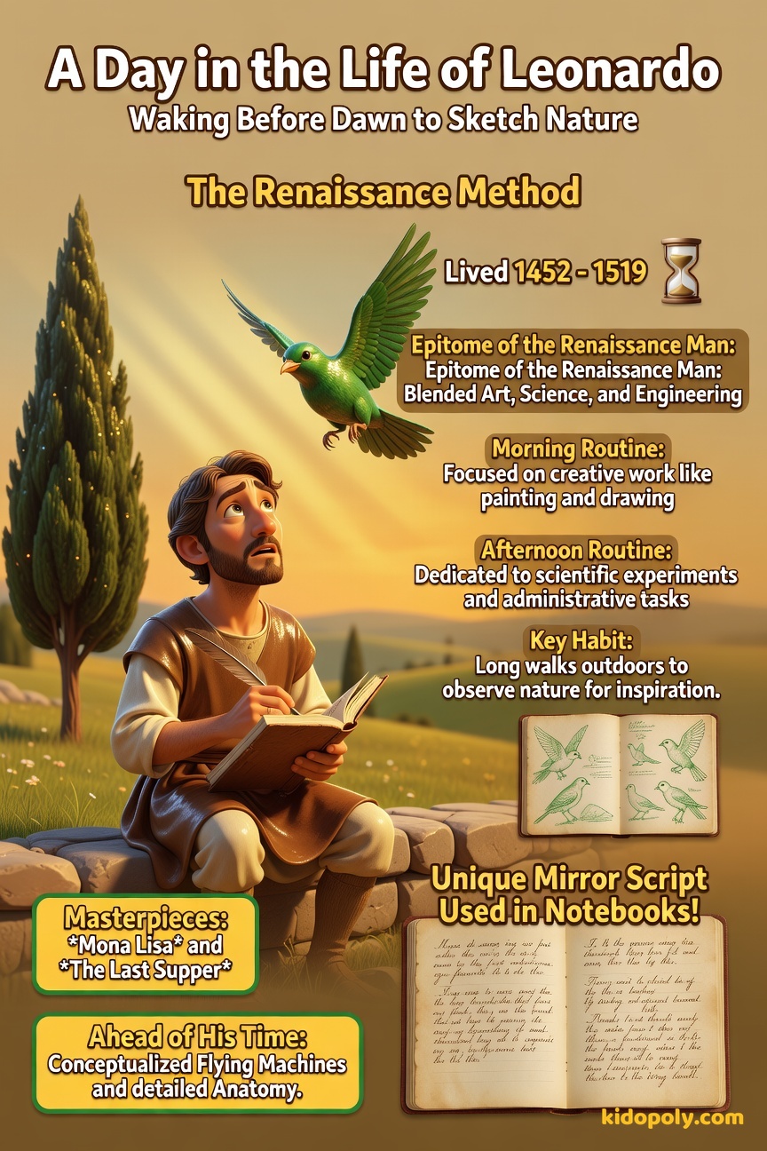 A gentle scene of a young Leonardo sitting outdoors under a tree, sketching a bird in flight while holding a small notebook.