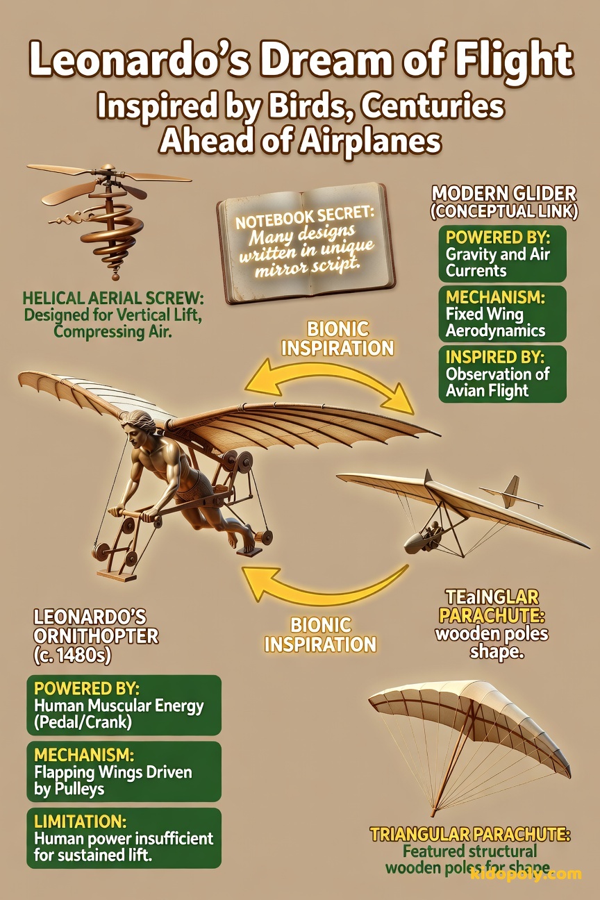 A side-by-side comparison showing Leonardo's ornithopter drawing next to a modern hang glider, highlighting the shared wing concept.
