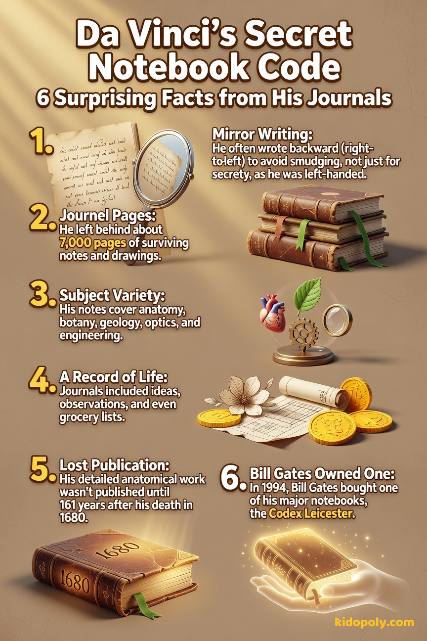 A close-up of a page of Leonardo's notebook showing reversed script next to a mirror reflecting the text correctly.