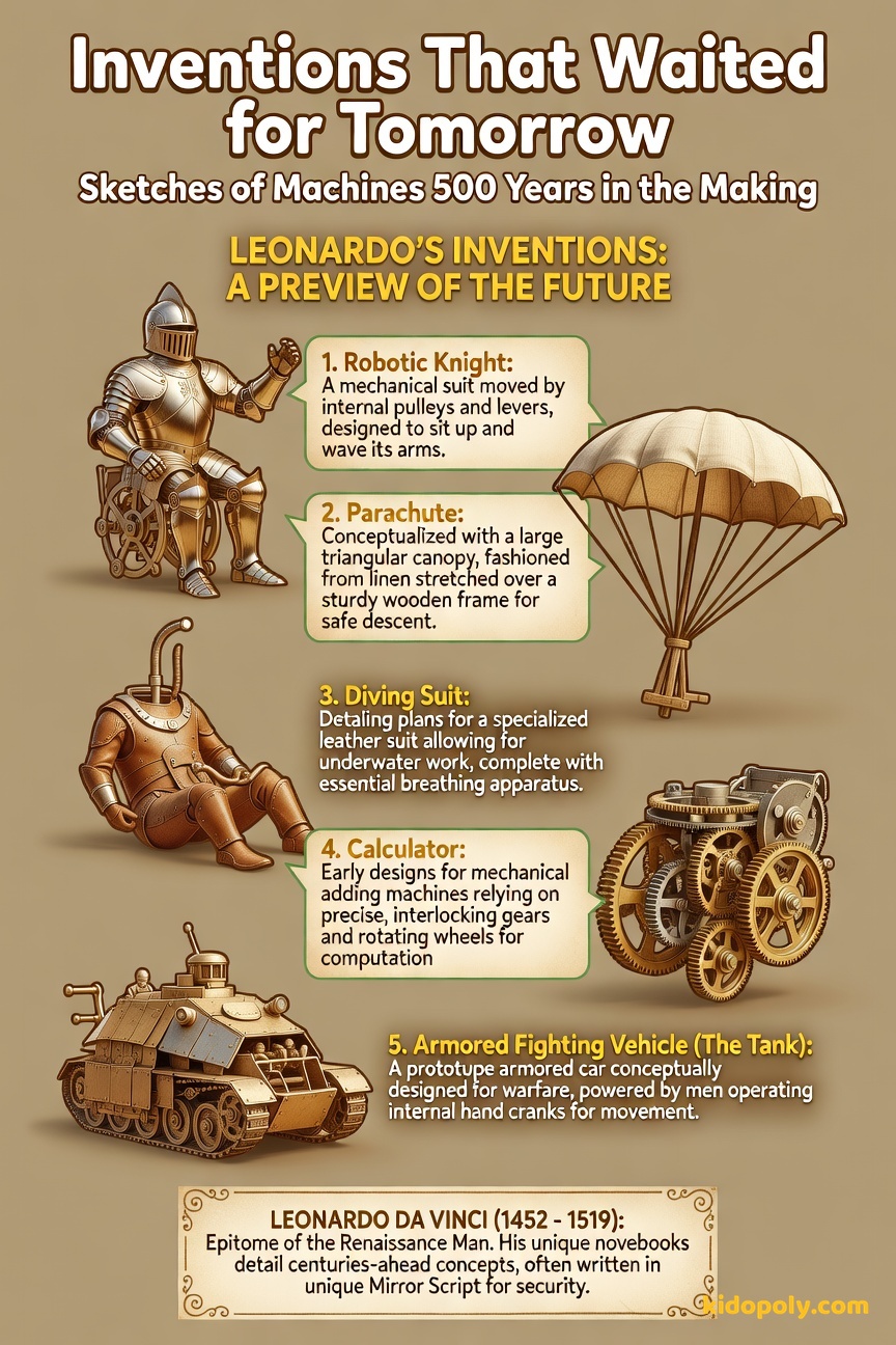 A collage of four small, intricate sketches from his notebook: a parachute, a diving helmet, a small gear mechanism, and a sketch of the robotic knight.