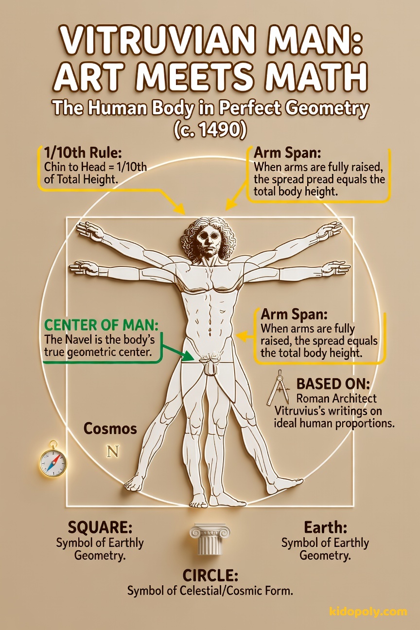The Vitruvian Man drawing with geometric lines showing the circle and square overlaying a human figure.