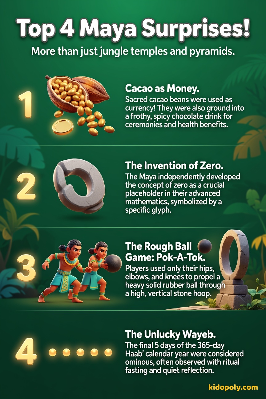 Four small icons representing four surprising Maya facts: a cacao pod/coin, a shell symbol for zero, a stylized rubber ball being hit by a hip, and five small dots.