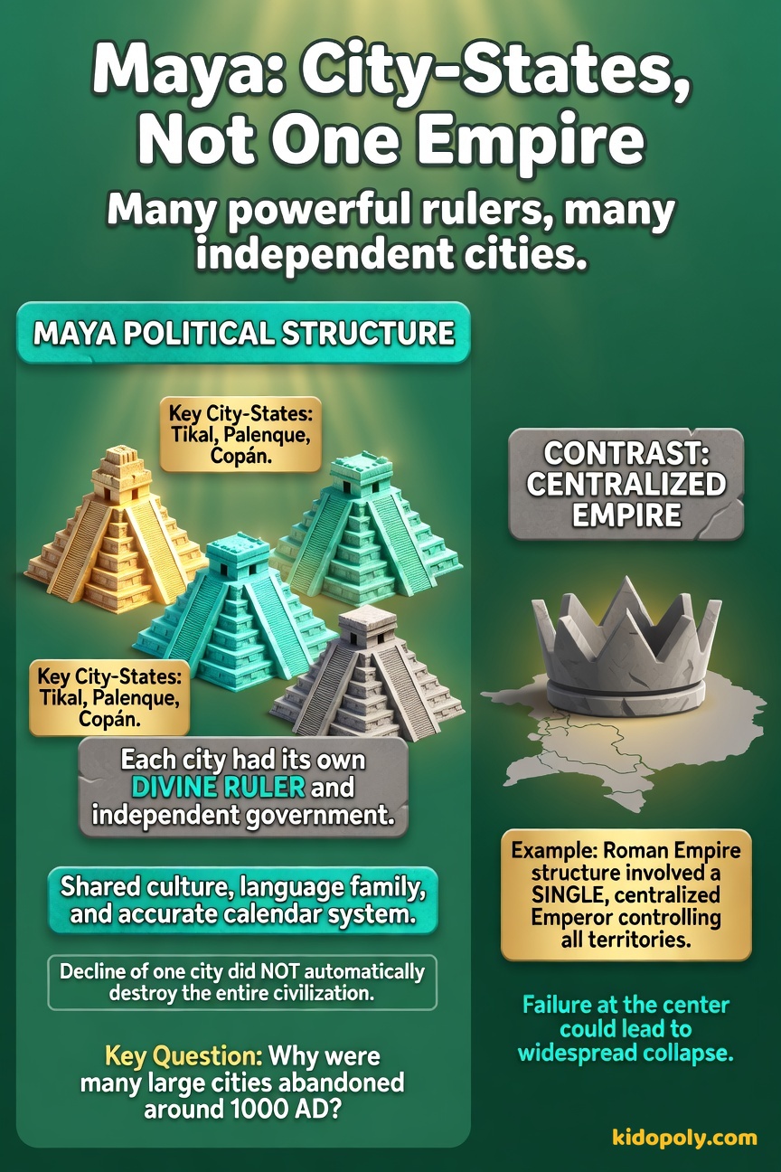 A comparison chart. Left side: 'Maya City-States' with icons of several separate, distinct pyramids. Right side: 'Roman Empire' with an icon of one large central map/ruler.