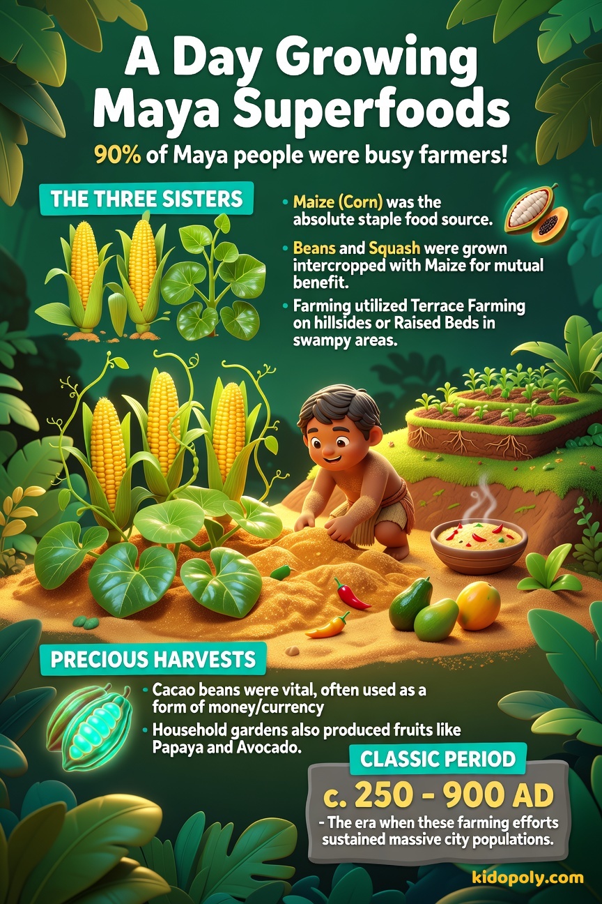 A friendly, cartoon Maya farmer tending to rows of corn, beans, and squash in a field bordered by stones in the rainforest.