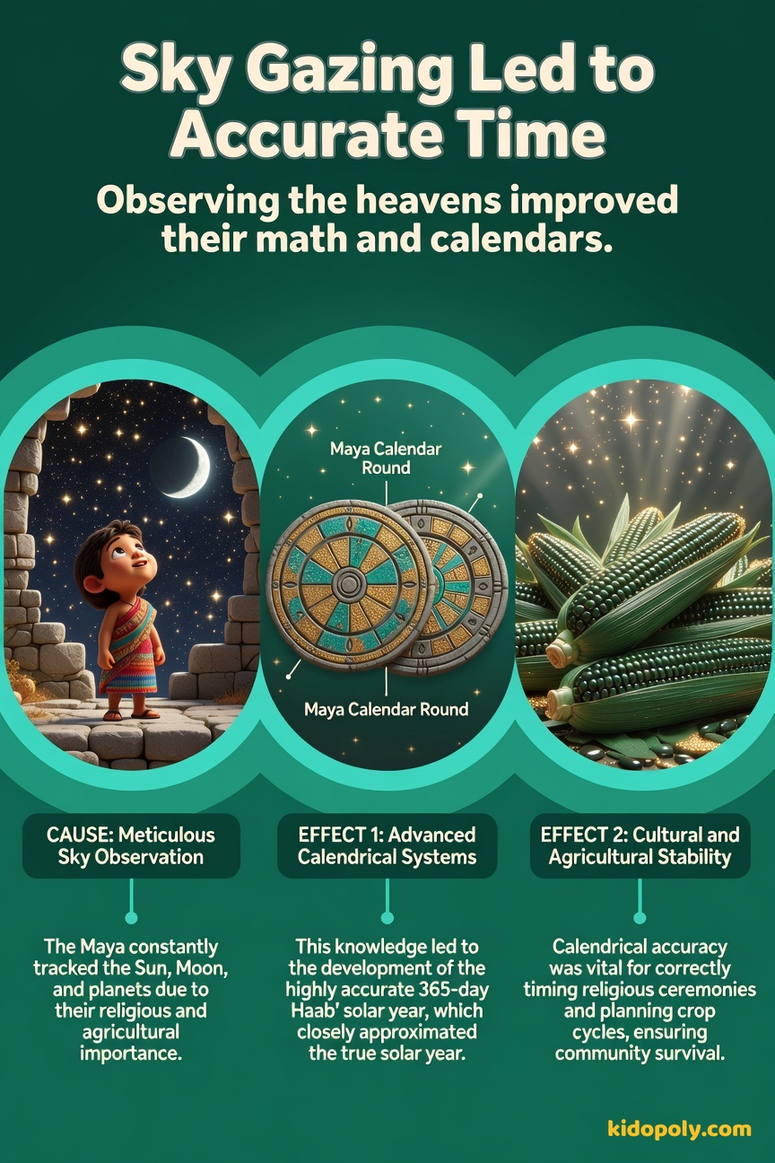 A chain graphic showing: 'Careful Observation' leading to 'Accurate Calendar' leading to 'Successful Farming/Rituals'.