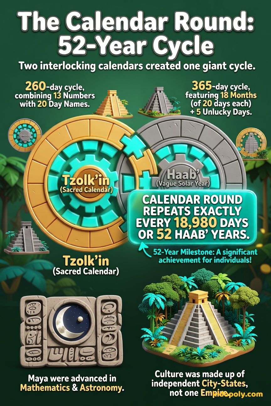 A diagram showing two interlocking circular gears: one labeled 'Tzolk'in (260 Days)' and the other 'Haab (365 Days)'. A marker shows where they align every 52 years.