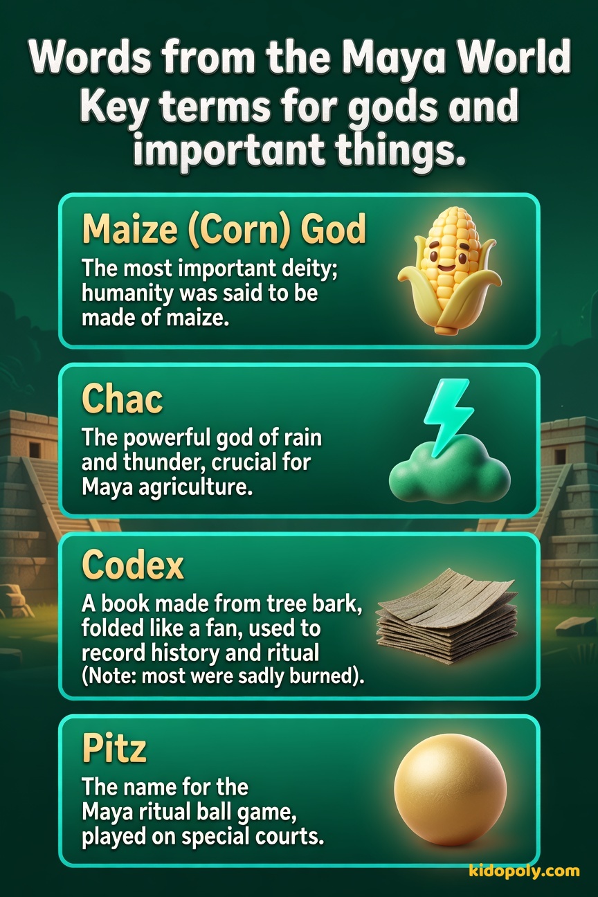 Four vocabulary terms with simple icons: A stylized ear of corn for the Maize God, a lightning bolt for Chac, a fan-folded book for Codex, and a round ball for Pitz.