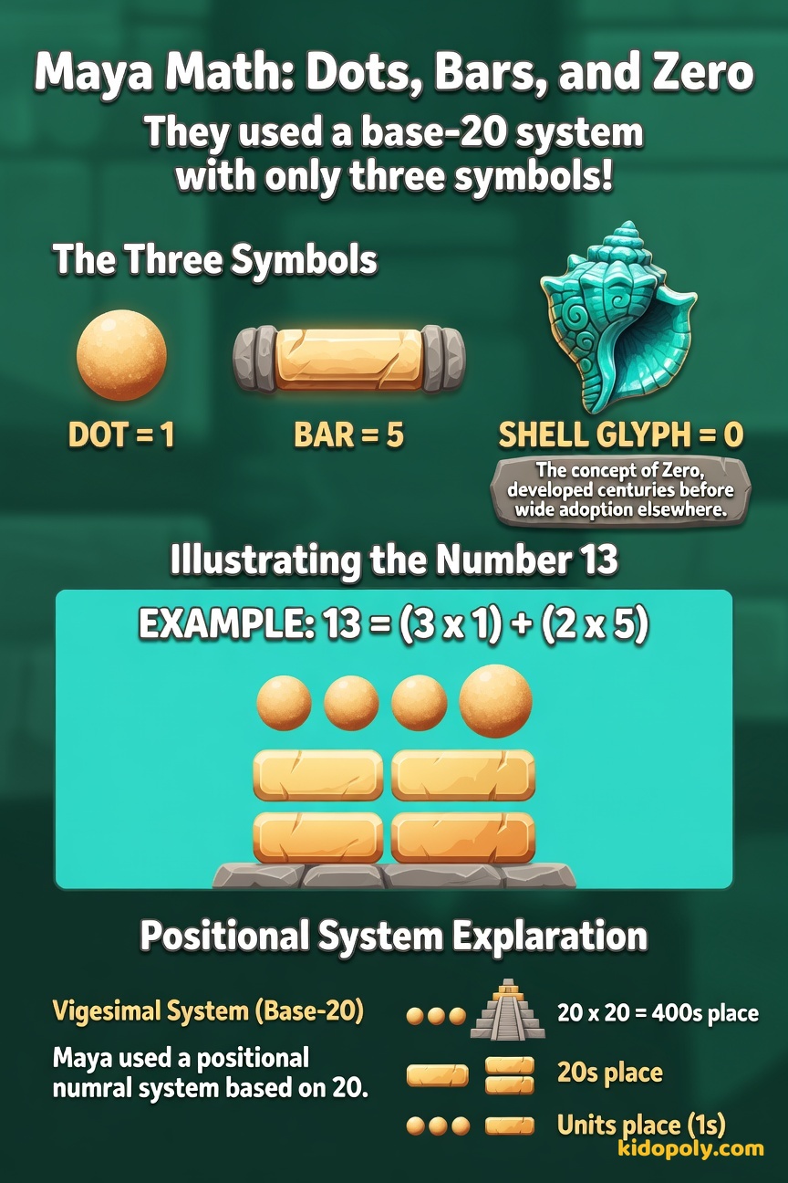 An infographic displaying the Maya numerals: a shell for zero, a single dot for one, and a horizontal bar for five, with examples like 13 (3 dots over 2 bars) shown.