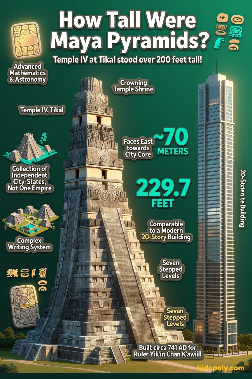 A comparison showing the Tikal Temple IV pyramid next to a modern 20-story building, illustrating its immense height of about 230 feet.