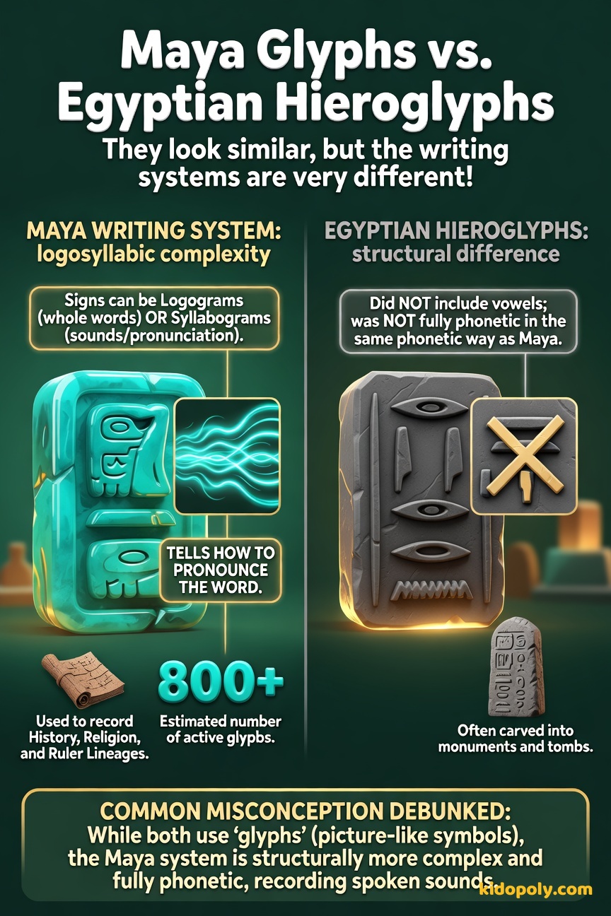 A comparison graphic. One side shows a stylized Maya glyph block, labeled 'Phonetic Syllables'. The other side shows a stylized Egyptian hieroglyph, labeled 'Fewer Vowels'.