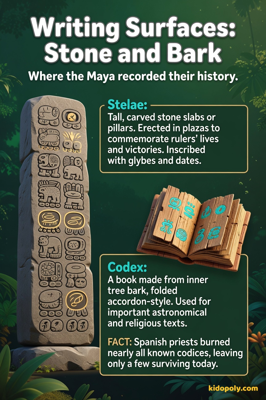 Two objects side-by-side: A rectangular, carved stone slab (stela) next to a fan-folded book (codex).