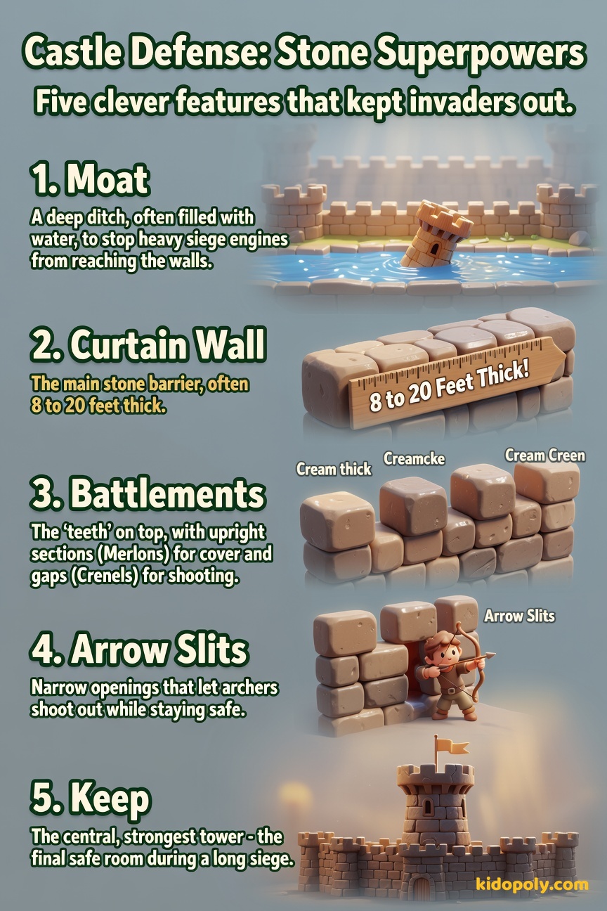 Infographic illustrating a cross-section of a medieval castle wall with five labeled defensive features: moat, thick wall, battlements, arrow slit, and keep.
