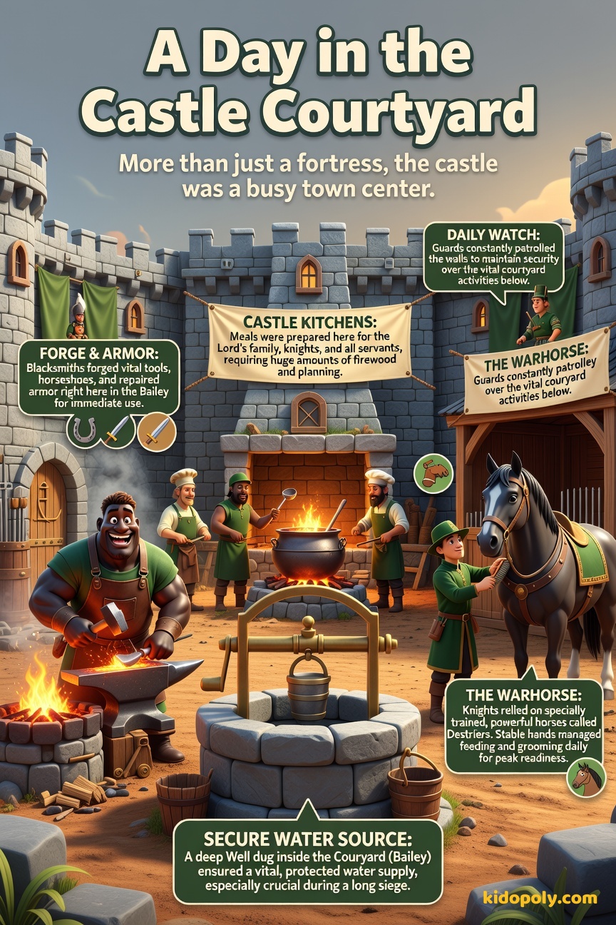 A bustling, sunny castle courtyard showing various medieval workers: a blacksmith at a forge, a cook near a large fireplace, and a stable hand grooming a horse.