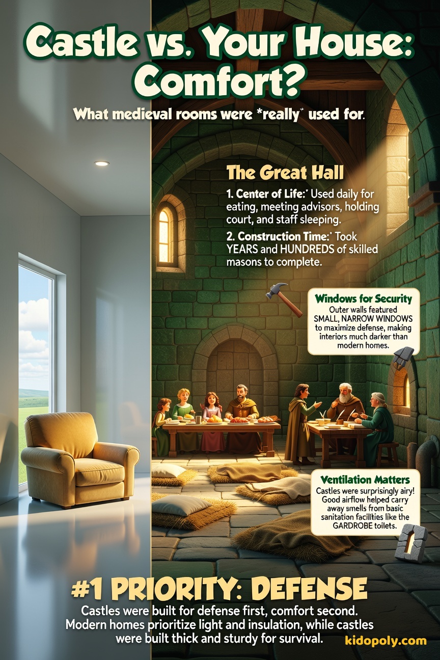 Split image showing a cozy, well-lit modern living room next to a large, high-ceilinged castle Great Hall with a big fireplace and many people gathered.