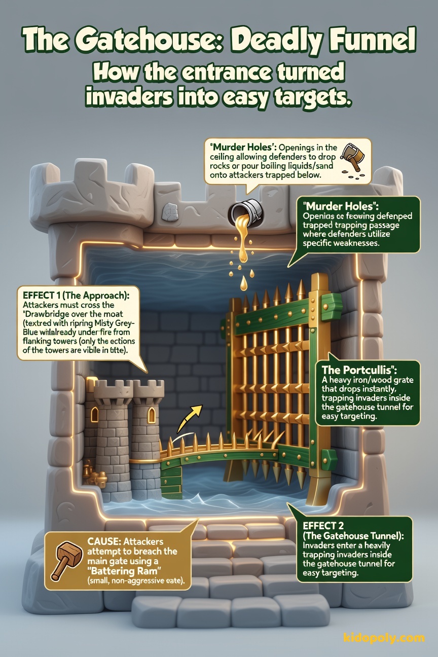 A cutaway view of a castle gatehouse showing a drawbridge lowering, a portcullis dropping, and an arrow slit firing toward an imaginary enemy in the passage below.