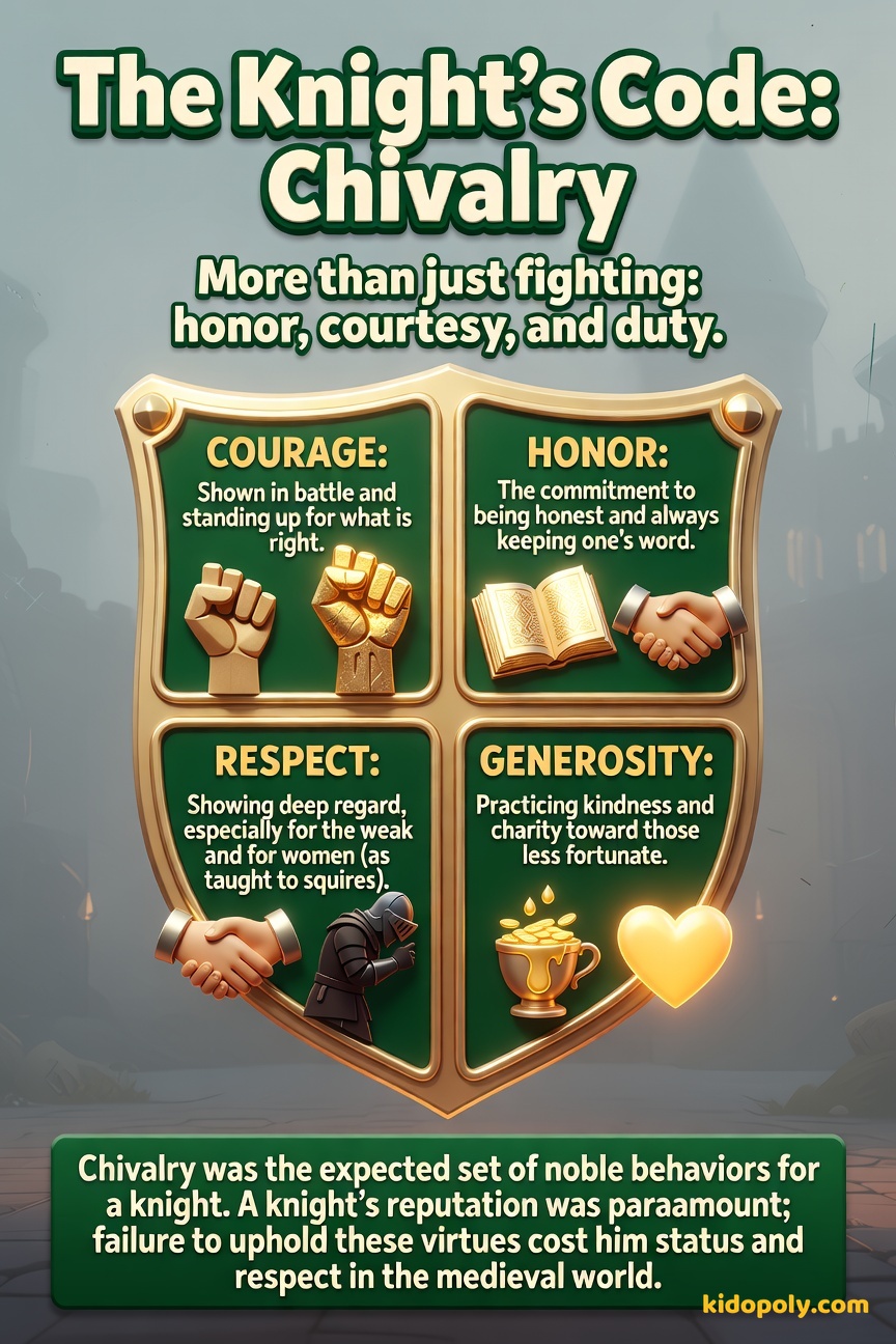 A stylized scroll or shield featuring the four core concepts of Chivalry: Courage, Honor, Respect, and Generosity, designed with elegant medieval lettering.