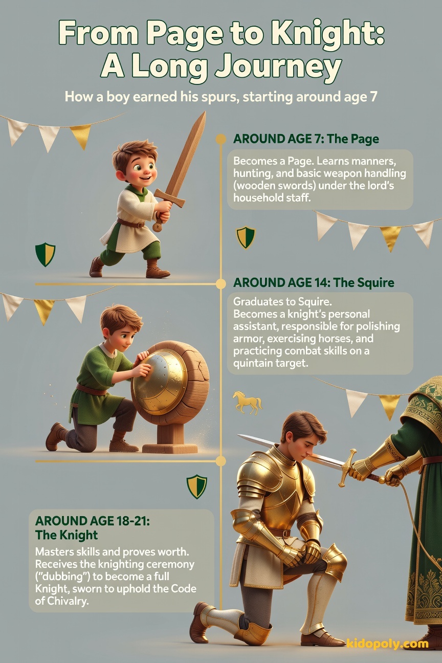 A vertical timeline showing the three stages of knight training: Page (childhood), Squire (teenager assisting a knight), and Knight (adult receiving knighting ceremony).