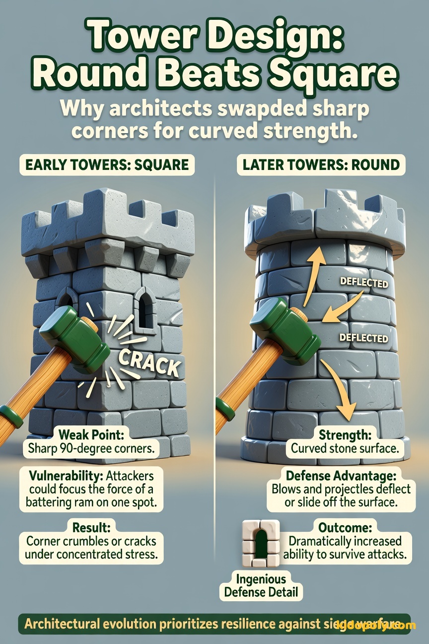 Side-by-side comparison of a square castle tower and a round castle tower, with arrows showing a battering ram deflecting harmlessly off the round tower.