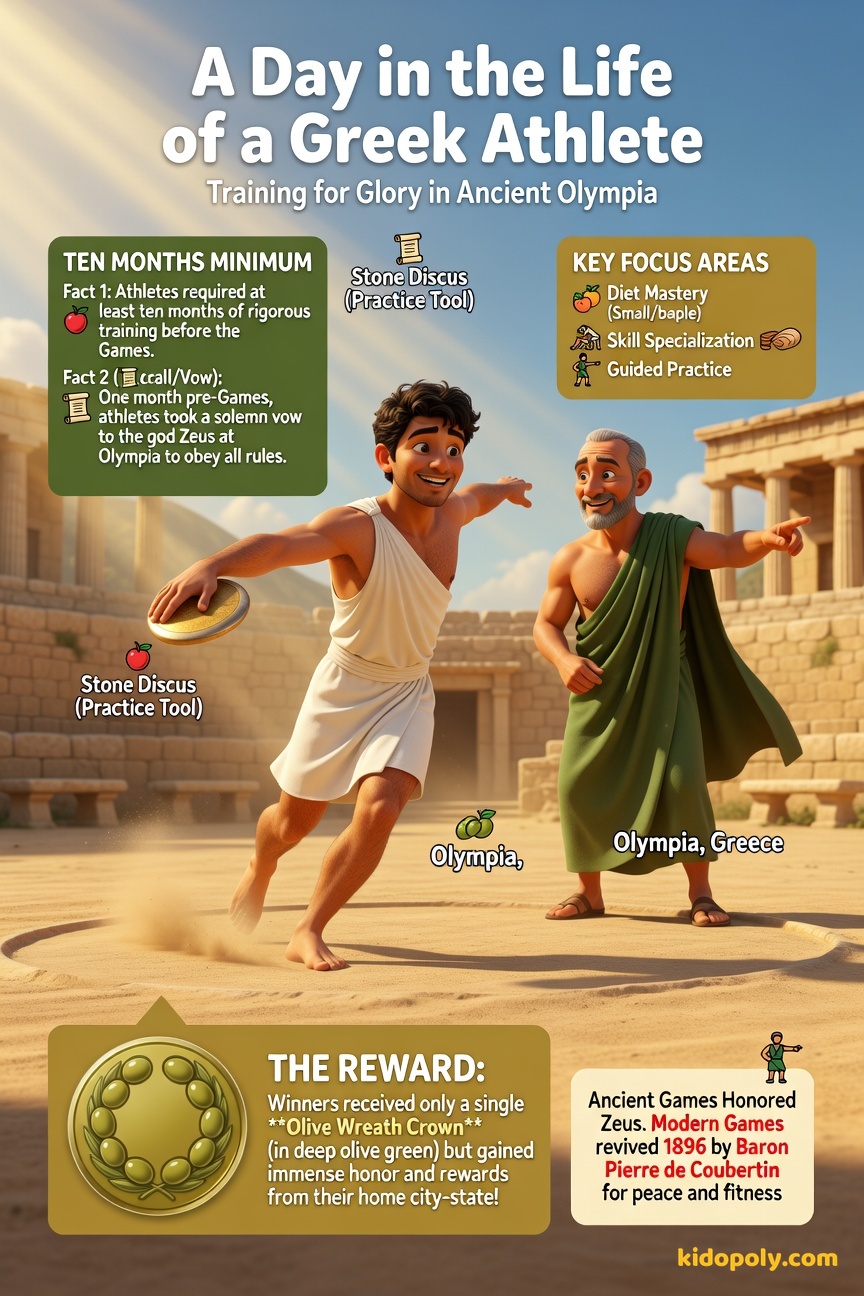 An ancient Greek athlete in a Palaestra (training area) lifting a stylized discus, looking determined, with a trainer watching nearby.