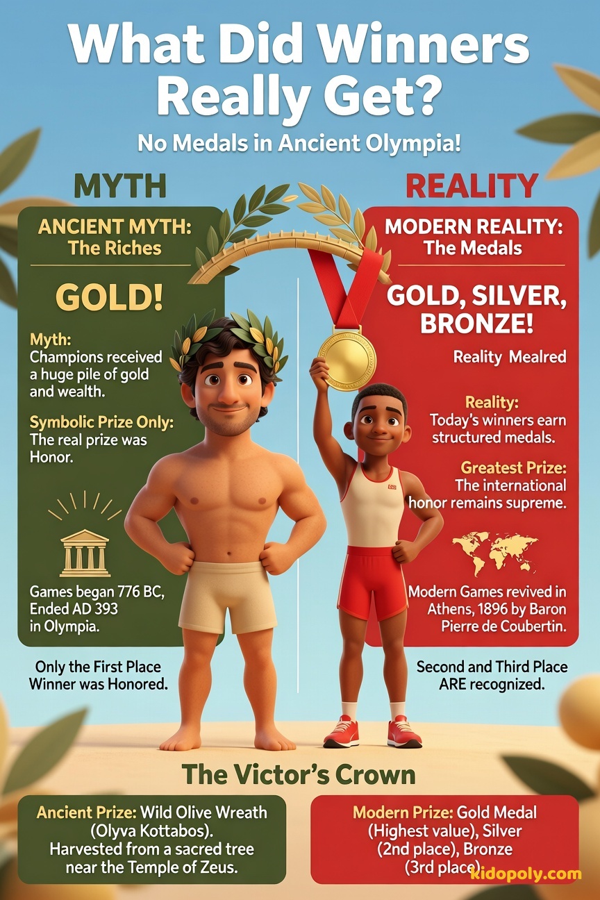 An image contrasting an ancient Greek athlete wearing a simple, leafy olive wreath next to a modern athlete proudly holding up a gleaming Olympic gold medal.