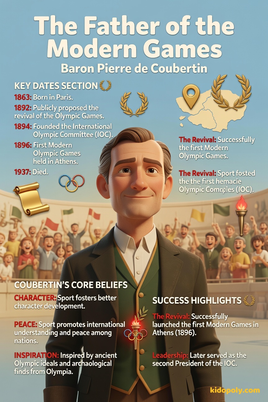 A portrait of Baron Pierre de Coubertin, a distinguished man in late 19th-century attire, with an image of the first modern Olympic stadium in Athens subtly in the background.