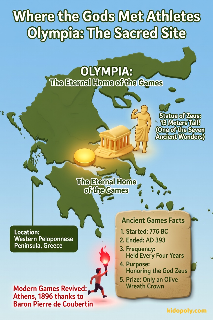 A stylized map of the Peloponnese peninsula in Greece, with a clear pin marking the location of Olympia, which is surrounded by small icons of a temple and a large statue.