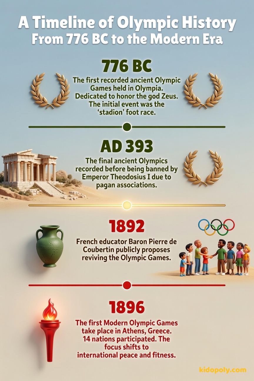 A vertical timeline showing four key dates: 776 BC (ancient start), 393 AD (ancient end), 1892 (Coubertin's proposal), and 1896 (modern start).