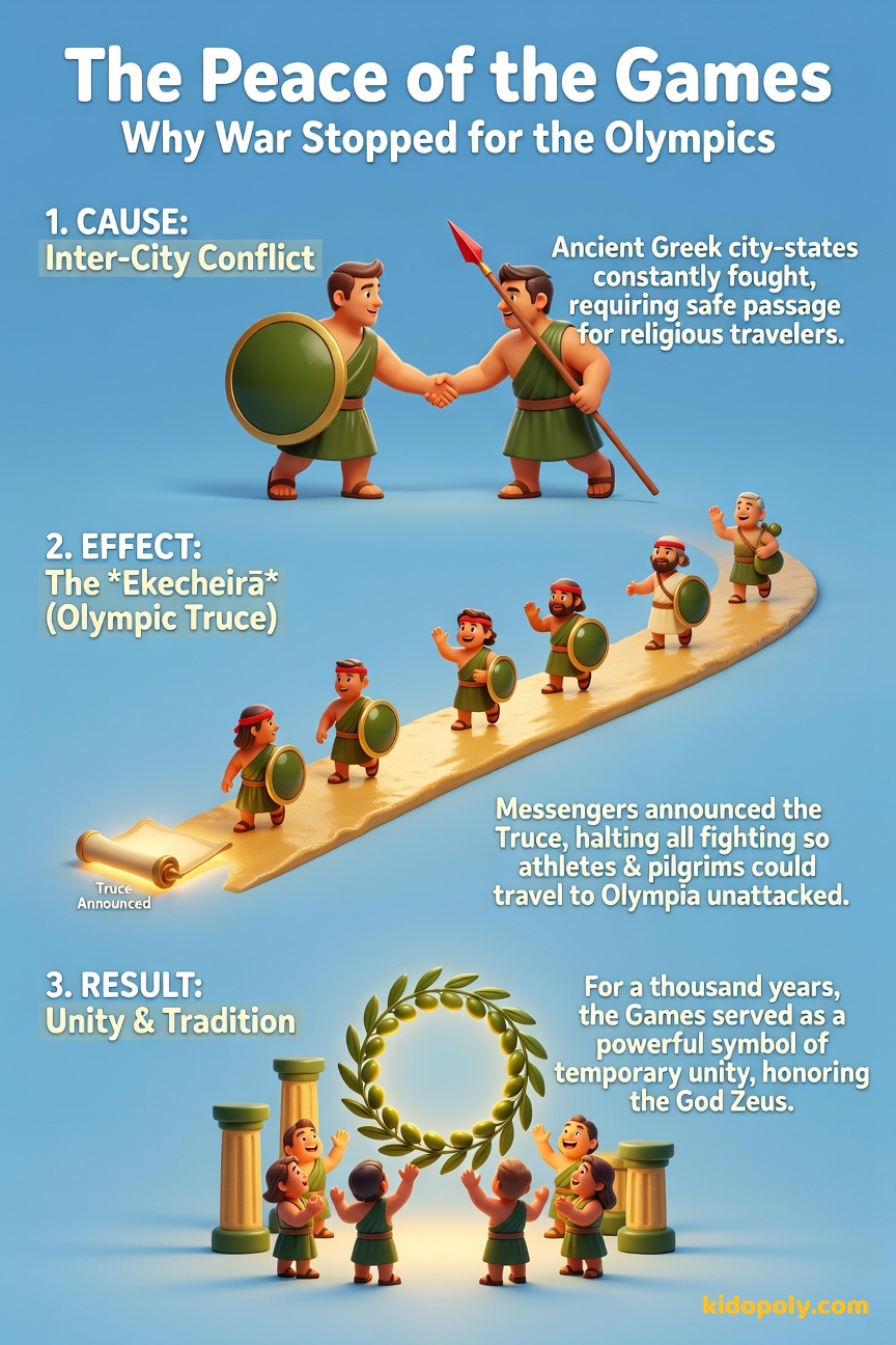 A visual chain reaction: Swords/shields being lowered (cause) leads to people happily walking a road (truce) which leads to a cheering crowd at the games (effect).