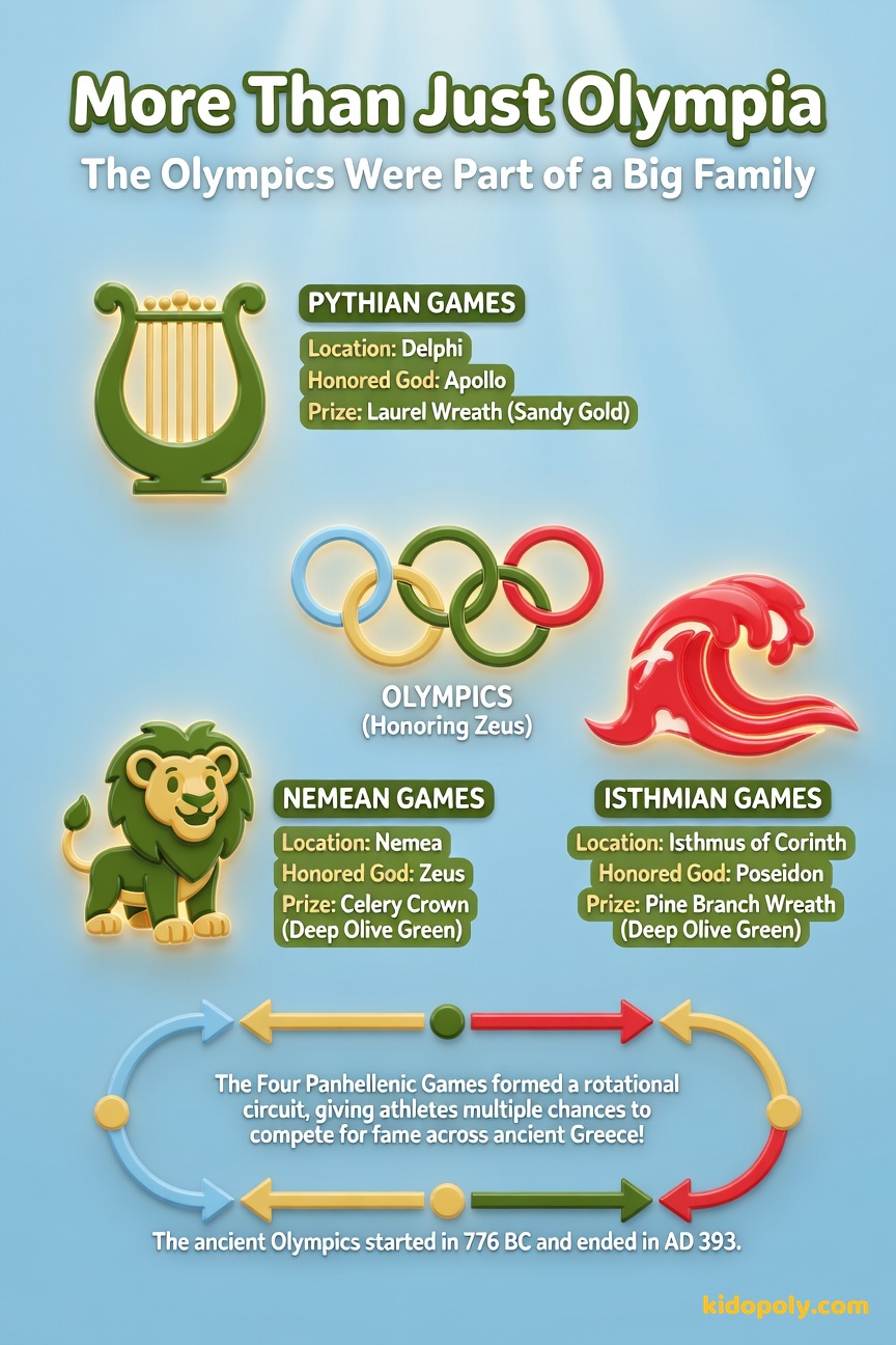 A visual scale comparison showing the Olympic Games as the largest icon, surrounded by three smaller but still significant icons representing the Pythian, Nemean, and Isthmian Games.