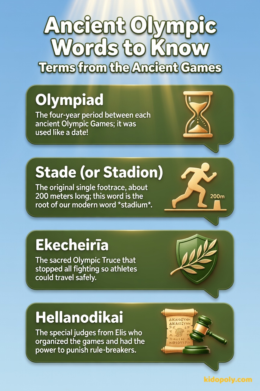 Four vocabulary cards with terms: Olympiad (4-year cycle icon), Stade (running track icon), Ekecheiría (handshake icon), and Hellanodikai (judge's gavel icon).