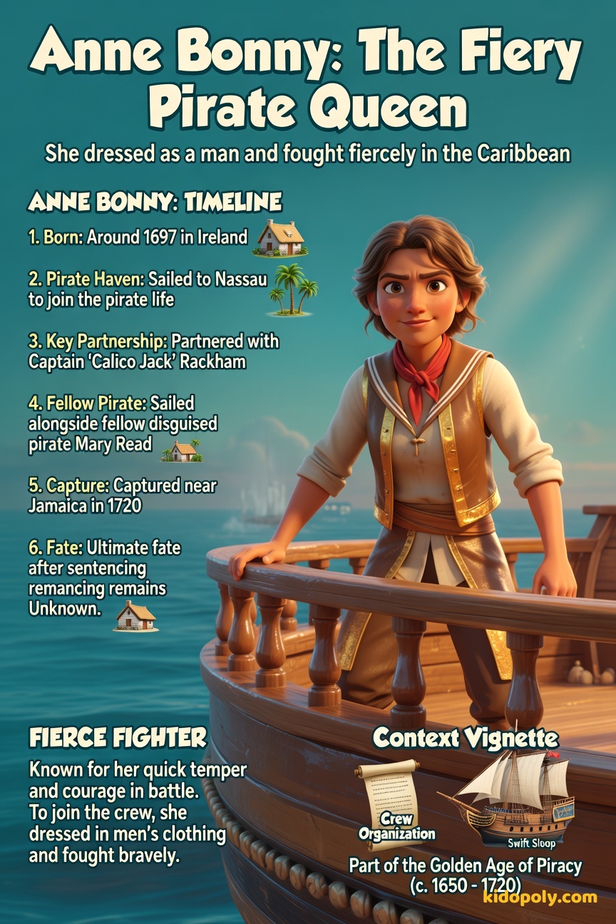 A spirited portrait of Anne Bonny dressed in colorful, slightly masculine pirate attire, standing confidently on a ship's rail overlooking blue Caribbean water.