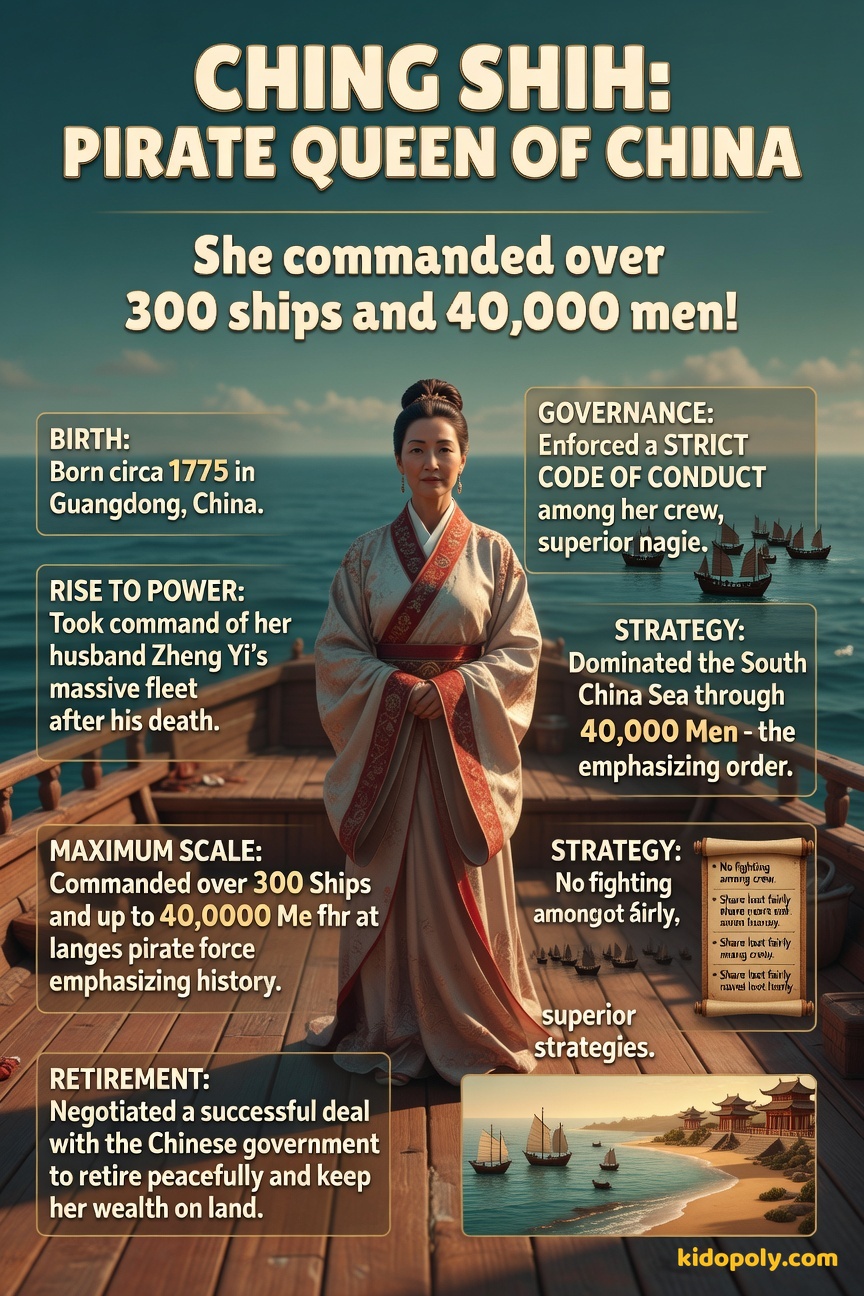 A portrait illustration of the powerful Chinese Pirate Queen Ching Shih, looking wise and calm, standing on the deck of a large Chinese junk ship.