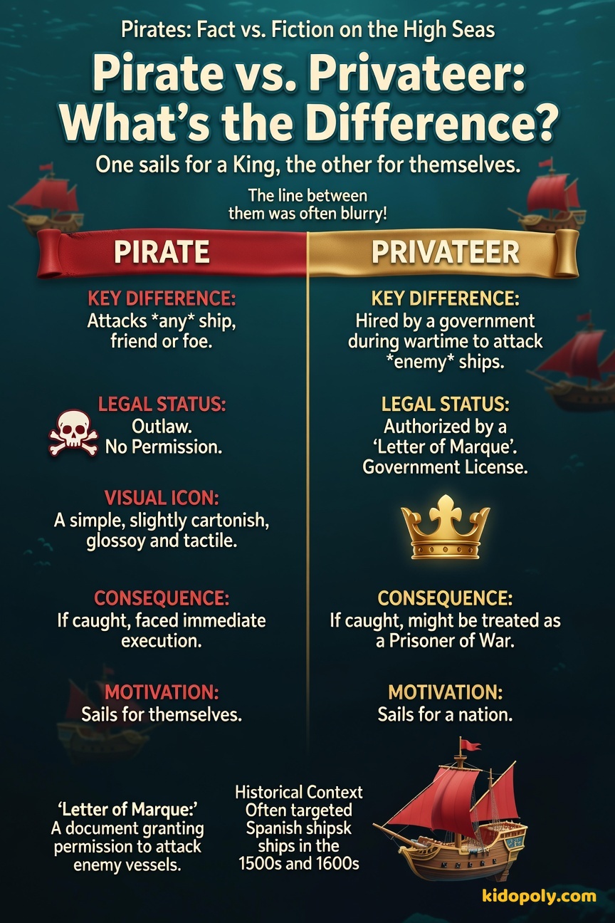 A side-by-side comparison chart titled 'Pirate vs. Privateer,' showing distinct symbols for each, with their key differences listed.