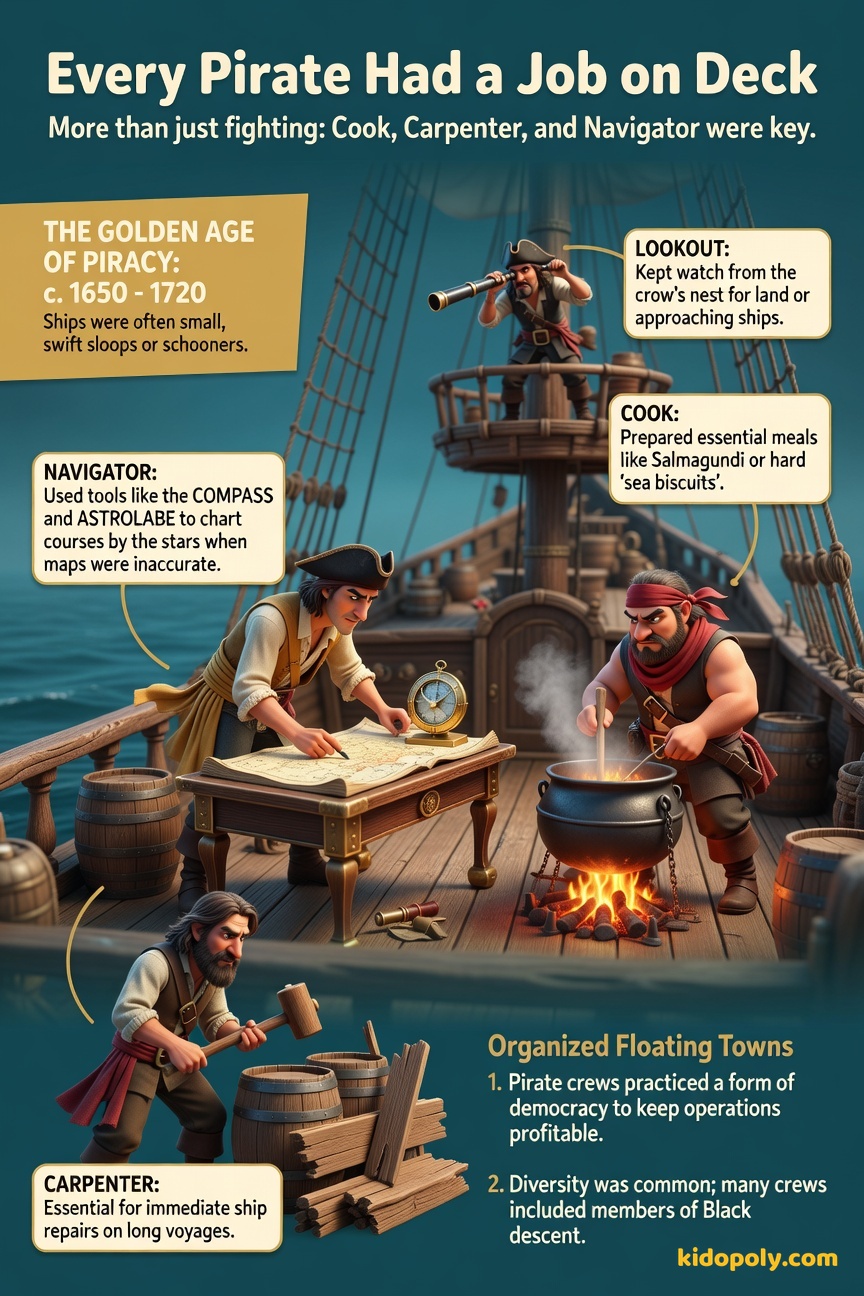 A friendly pirate crew working together on the deck of a small wooden ship, showing different roles like one person looking through a spyglass and another near a cooking pot.