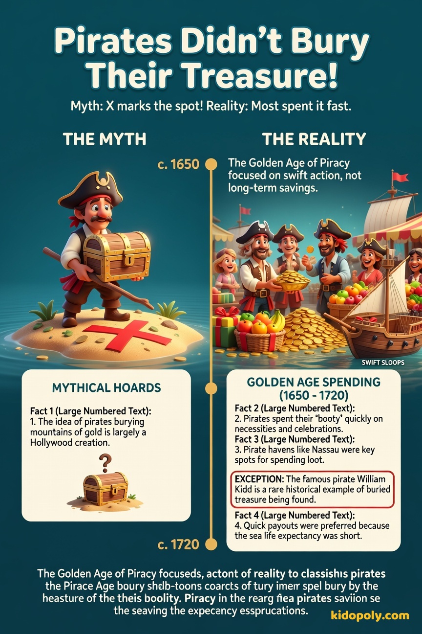 A cartoon comparison: one side shows a pirate drawing an 'X' on a sandy beach with a shovel, labeled 'Myth'; the other side shows happy pirates spending coins in a bustling port town, labeled 'Reality'.