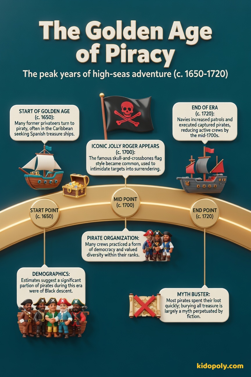 A historical timeline spanning from 1650 to 1720, marked with three key events: the start of the Golden Age, the rise of the Jolly Roger, and the decline of the era.