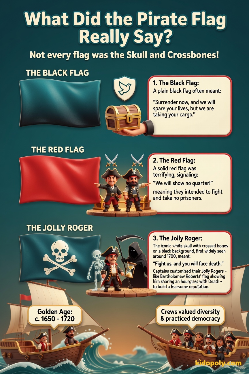 A graphic showing three distinct pirate flags: a solid black one, a solid red one, and the classic skull and crossbones Jolly Roger, each with a small text box explaining its meaning.