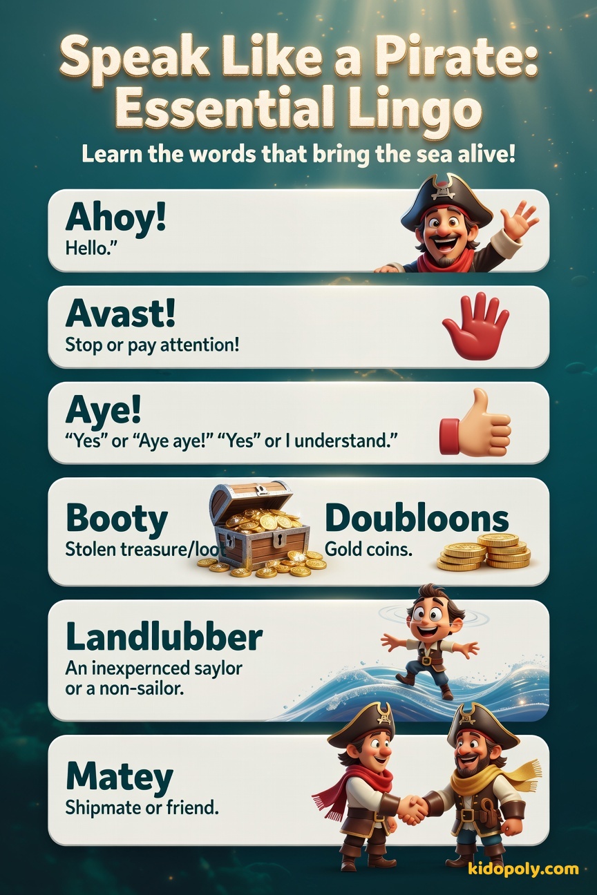 A vocabulary chart showing five pirate words ('Ahoy', 'Booty', 'Matey', 'Aye', 'Landlubber') paired with simple illustrations and their modern meanings.