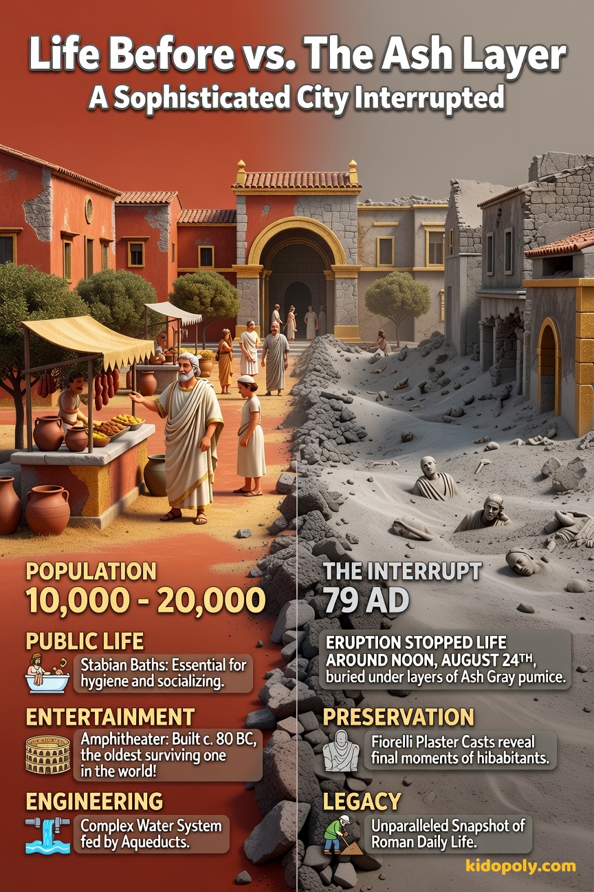 A split image comparison. Left side shows a colourful, busy Roman street scene with people visiting baths and a market. Right side shows the same scene overlaid and obscured by a thick, static layer of Ash Gray.