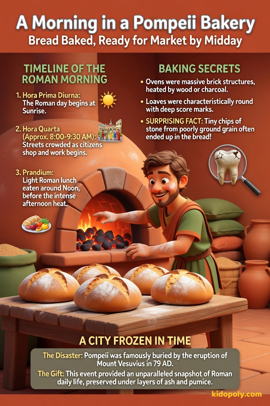 An illustration of a preserved Roman bakery oven glowing warmly (using Sandy Gold light), with several round loaves of bread sitting inside, ready to be taken out by a baker wearing a simple tunic.