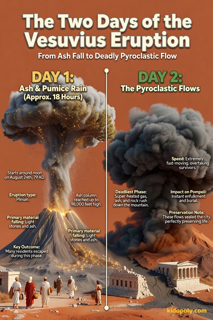 A simple two-step timeline showing the main events of the Pompeii eruption: Step 1 showing an ash cloud and falling pumice; Step 2 showing a horizontal, fast-moving dark cloud representing a pyroclastic flow.
