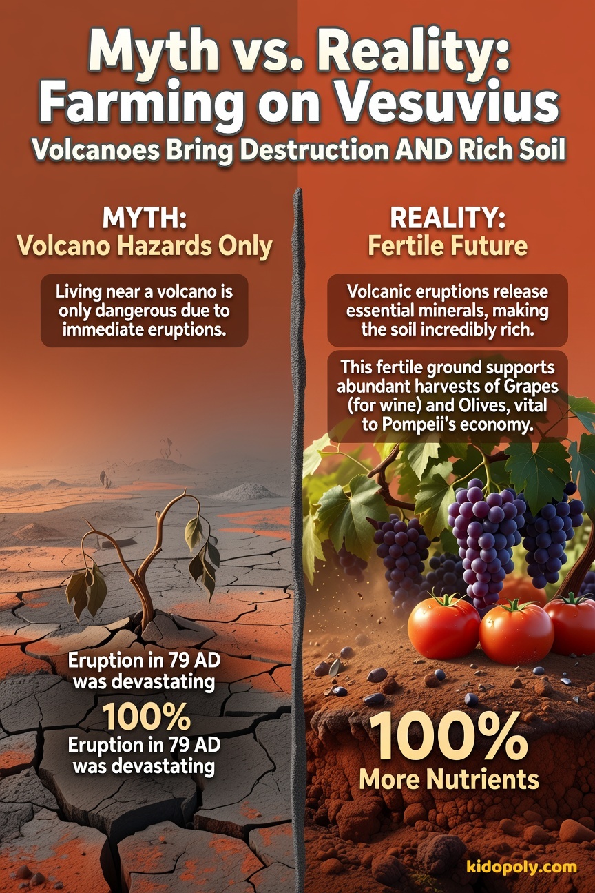 A split graphic. Left side (Myth) shows a simple, cracked, barren patch of Ash Gray earth under a dark sky. Right side (Reality) shows vibrant Deep Olive Green grapevines and lush Terracotta-coloured tomatoes growing in rich soil under a bright sun.