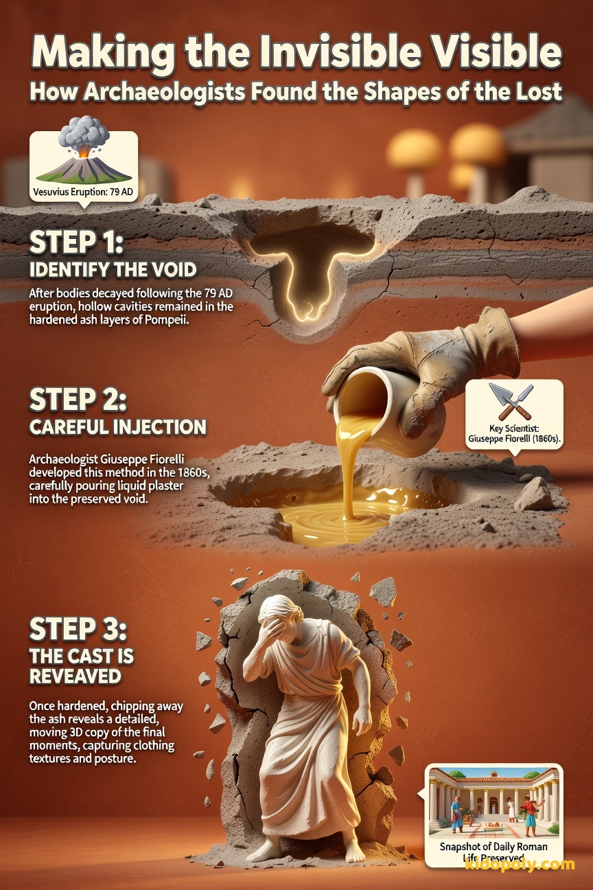 A step-by-step diagram showing the Fiorelli process: 1. A hollow cavity in Ash Gray rock. 2. Liquid plaster being poured into the cavity. 3. The final plaster cast being revealed after the surrounding ash is removed.