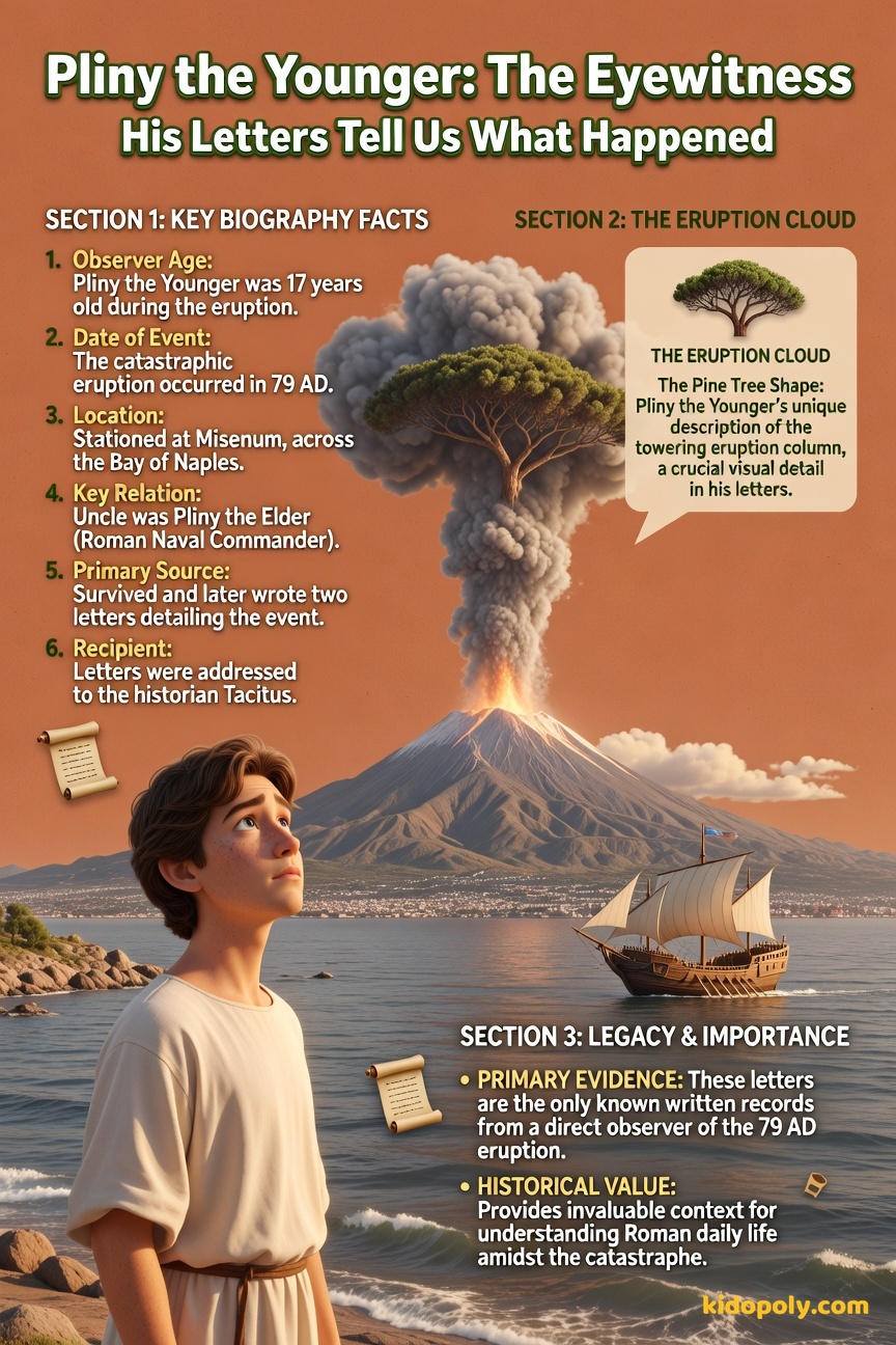 A portrait illustration of a thoughtful young Roman man (Pliny the Younger) looking towards a distant, towering, pine-tree-shaped ash cloud rising from a mountain in the background.