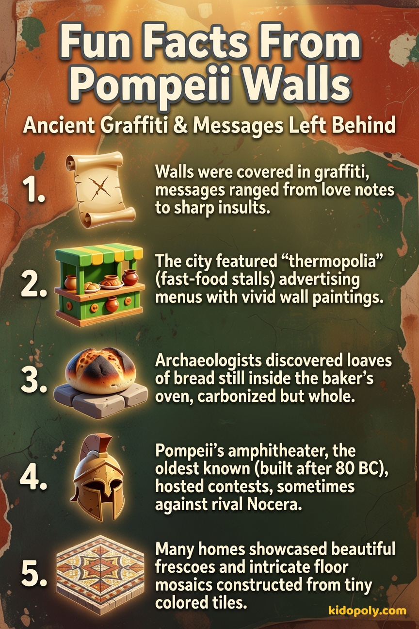 A graphic listing five punchy facts about Pompeii discoveries, visually overlaid on a partial wall texture showing colourful fresco fragments and a carved Latin inscription.