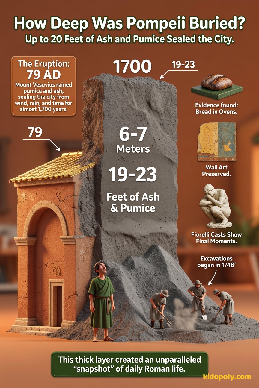 A side-by-side comparison showing a modern two-story house next to a diagram illustrating the 20-foot deep layer of ash and pumice that completely covered the Roman city of Pompeii.