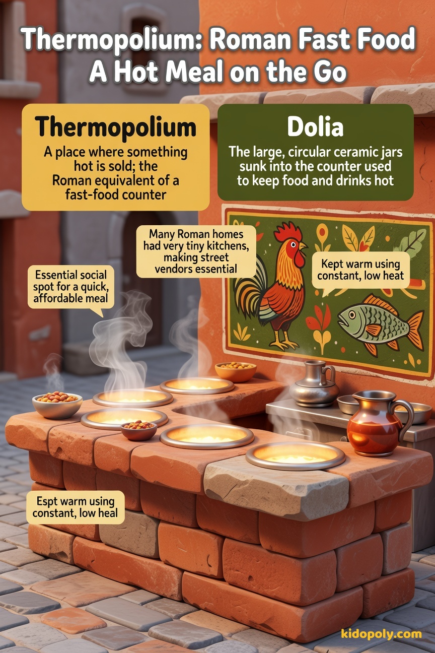 A colourful illustration of a Roman 'thermopolium' counter with a few deep holes (dolia) showing warm, steamy food inside, decorated with vibrant fresco paintings on the wall behind.